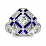 3Ct Round Cut Diamond Blue Sapphire Engagement Art Deco Ring 14K White Gold Over