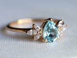 1.6ct Engagement Ring Pear Cut Blue Aquamarine Leaf Accent 14k YellowGold Finish