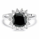 3Ct Cushion Cut Black Diamond Floral Halo Solitaire Ring 14K White Gold Finish