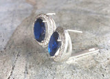 2ct Stud Earrings Oval Cut Blue Sapphire Diamond Halo Design 14k White Gold Over