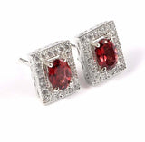 3ct Stud Earrings Oval Cut Red Garnet Diamond Square Halo 14k White Gold Finish