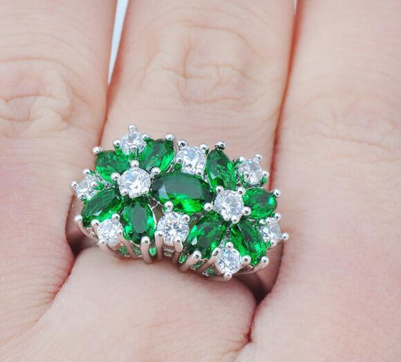 4Ct Oval Cut Green Emerald Floral Cocktail Engagement Ring 14K White Gold Finish