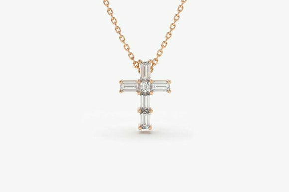 2ct Baguette Cut Diamond Jesus Cross Holy Pendant with Chain 14k RoseGold Finish