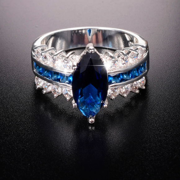 3ct Marquise Cut Blue Sapphire Engagement Ring 14k White Gold Finish Cocktail