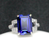 3ct Emerald Cut Blue Sapphire Open Split Band Solitaire Ring 14k White Gold Over