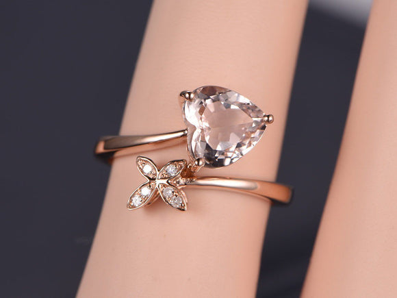 1.2ct Heart Cut Peach Morganite Butterfly Engagement Ring 14k Rose Gold Finish