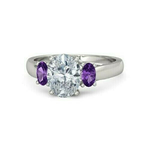 4Ct Oval Cut Diamond Purple Amethyst Trilogy Engagement Ring 14K White Gold Over