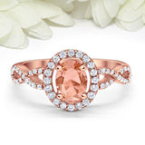 2ct Oval Cut Peach Morganite Engagement Ring Twist Shank Halo 14k Rose Gold Over