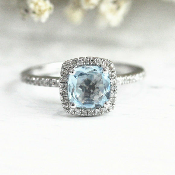 3Ct Cushion Cut Blue Aquamarine Diamond Halo Engagement Ring 18K White Gold Over