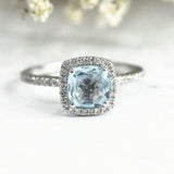 3Ct Cushion Cut Blue Aquamarine Diamond Halo Engagement Ring 18K White Gold Over