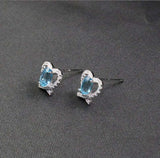 1.6ct Stud Earrings Oval Cut Blue Topaz Heart Knot Design 14k White Gold Finish