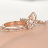 3ct Marquise Peach Morganite Halo Trio Set Engagement Ring 14k Rose Gold Finish