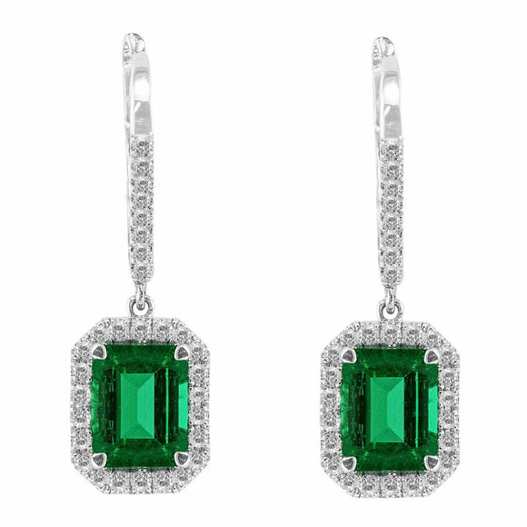 4Ct Green Emerald Diamond Halo Vertical Bar Drop Earrings 14K White Gold Finish