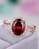 4Ct Oval Cut Red Garnet Split Shank Halo Engagement Ring 14K Rose Gold Finish