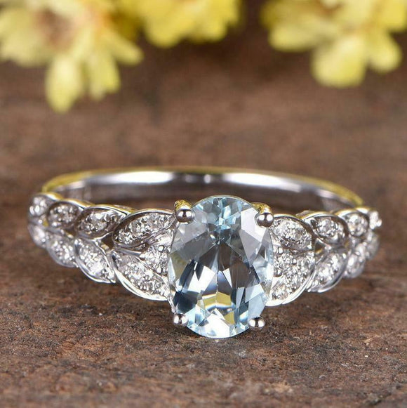 2ct Oval Cut Aquamarine Engagement Ring Diamond Leaf Accent 14k White Gold Over