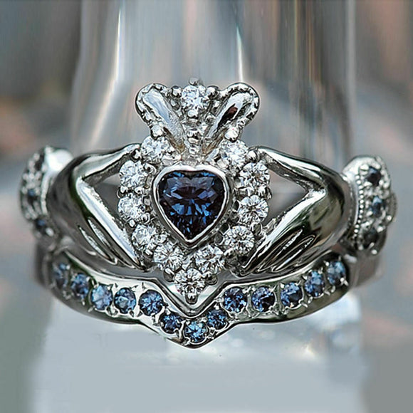 3Ct Heart Cut Blue Sapphire Diamond Claddagh Bridal Set Ring 14K White Gold Over