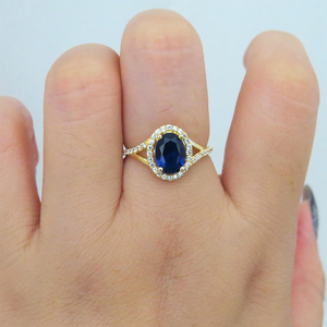 2ct Oval Cut Blue Sapphire Engagement Ring 14k Yellow Gold Finish Split Shank