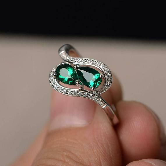 2ct Pear Cut Green Emerald Swirl Unique Engagement Ring 14k White Gold Finish