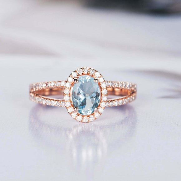 2.2ct Oval Cut Blue Aquamarine Engagement Ring Split Shank 14k Rose Gold Finish