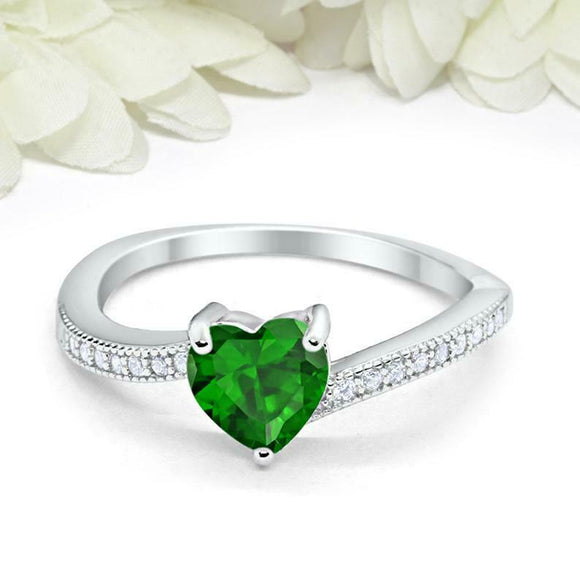 1ct Heart Green Emerald Engagement Ring Round Diamond Accent 14k White Gold Over