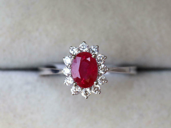 2ct Engagement Ring Oval Cut Ruby Diamond Halo Minimalist 14k White Gold Finish