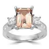 4Ct Emerald Cut Morganite Engagement Ring 14K White Gold Finish Princess Accents