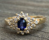 2.5ct Engagement Ring Oval Cut Blue Sapphire Cluster 14k Yellow Gold Finish