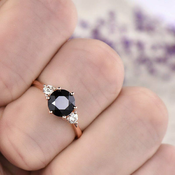 1.2Ct Round Cut Black Diamond Trilogy Women Engagement Ring 14K Rose Gold Finish