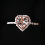 1ct Heart Cut Peach Morganite Engagement Ring 14k RoseGold Finish Halo Solitaire