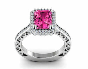 2.5ct Emerald Pink Sapphire Halo Solitaire with Accent Ring 14k WhiteGold Finish