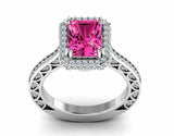 2.5ct Emerald Pink Sapphire Halo Solitaire with Accent Ring 14k WhiteGold Finish