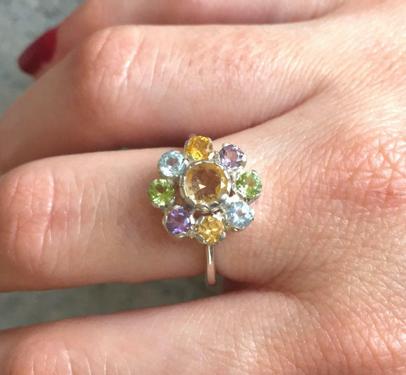 2.8ct Round Cut Yellow Citrine Cluster Floral Engagement Ring 14k WhiteGold Over