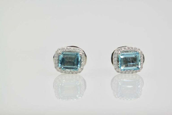 2ct Emerald Cut Blue Aquamarine Diamond Halo Stud Earrings 14k White Gold Finish