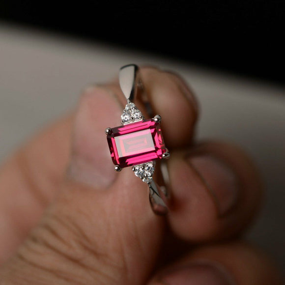 0.9ct Emerald Cut Pink Ruby Engagement Ring 14k White Gold Over Accent Solitaire