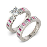 4Ct Heart Cut Diamond Pink Sapphire Bridal Set Ring Band 14K White Gold Finish