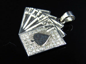 0.1ct Round Cut VVS1D Diamond Pendant Straight Poker Cards 14k White Gold Finish