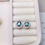 1.7ct Stud Earrings Oval Cut London Blue Topaz Heart Crown 14k White Gold Finish