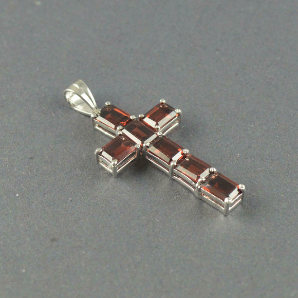 1.5ct Red Garnet Pendant Emerald Cut Christ Cross 14k White Gold Finish NO CHAIN