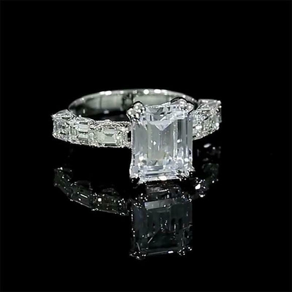 3Ct Emerald Cut Diamond Milgrain Solitaire with Accents Ring 14K White Gold Over