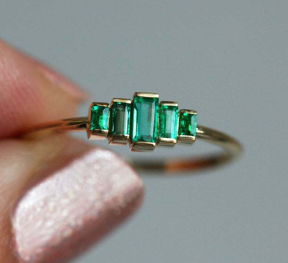 1.2ct Baguette Green Emerald Engagement Ring 14k Yellow Gold Finish 5 Stone Step