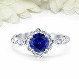 2ct Round Blue Sapphire Engagement Ring Vintage Halo Art Deco 14k WhiteGold Over