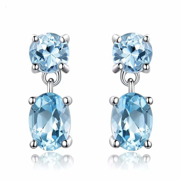 2.3ct Drop Earrings Oval Cut Blue Topaz Two Stone Solitaire 14k WhiteGold Finish