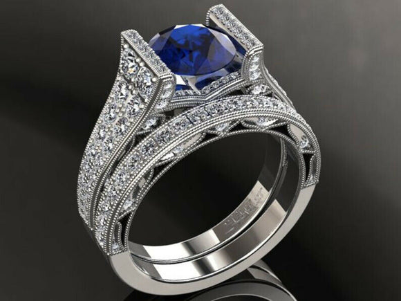 5ct Round Blue Sapphire Engagement Ring Dual Row Bridal Set 14k White Gold Over