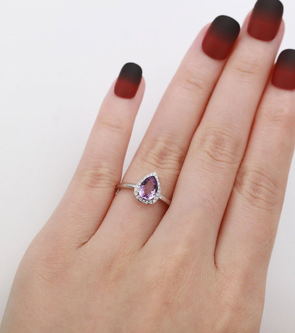 1.1ct Pear Cut Purple Amethyst Halo Women Engagement Ring 14k White Gold Finish