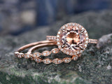 3Ct Round Cut Peach Morganite Trio Bridal Set Engagement Ring 14K Rose Gold Over