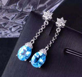 2ct Oval Blue Topaz Chain Vertical Drop Dangle Earrings 14k White Gold Finish