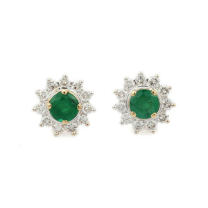 1.45ct Stud Earrings Round Cut Green Emerald Floral Halo 14k Yellow Gold Finish