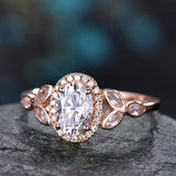 1.7Ct Oval Cut Diamond Leaf Design Halo Engagement Ring 14K Rose Gold Finish