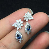 2.75ct Drop Earrings Pear Cut Blue Sapphire Cluster Halo 14k White Gold Finish