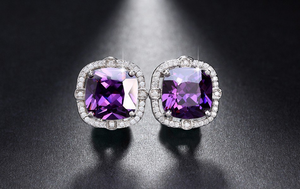 2ct Cushion Cut Purple Amethyst Halo Solitaire Stud Earrings 14k White Gold Over